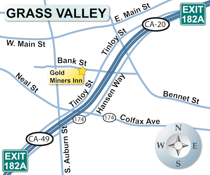 Map showing location of Gold Miners Inn on Bank Street, Grass Valley, west of CA-49 and CA-20, Exit 182A